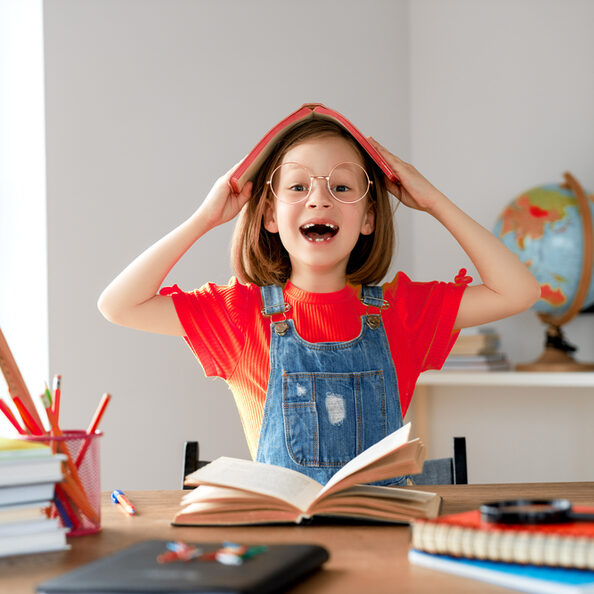 Kind mit Zahnlücke lacht auf der Schulbank